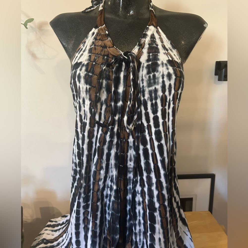Tie-Front Halter Tie-Dye Sundress - Black, White & Brown